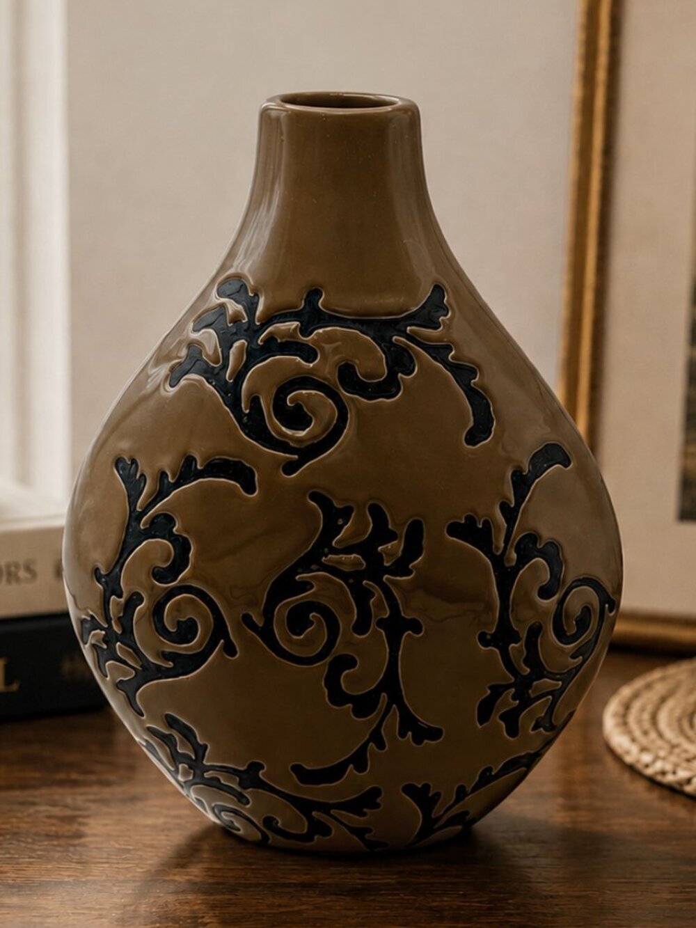 Large Contemporary Brown Ceramic Floor Vase Black Scroll Design 10" Modern Decor